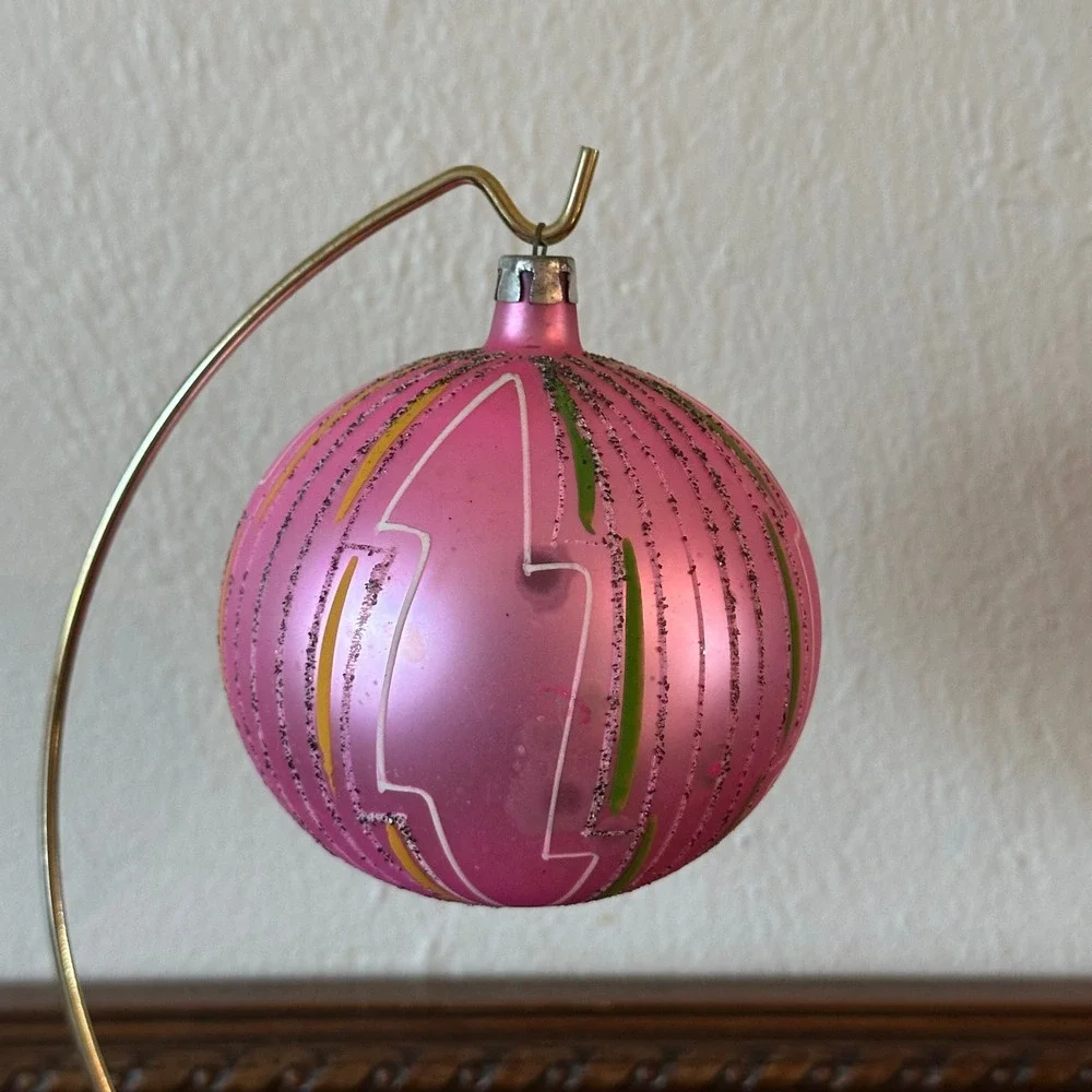 Vtg Poland Jumbo 4'' Polish Mica Ornament Pink Glass Christmas Ball MCM